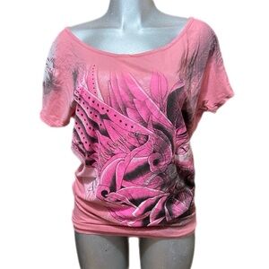 Y2K Christian Audigier Blouse Top Pink Angel Graphic Avant Garde Artsy Lagenlook